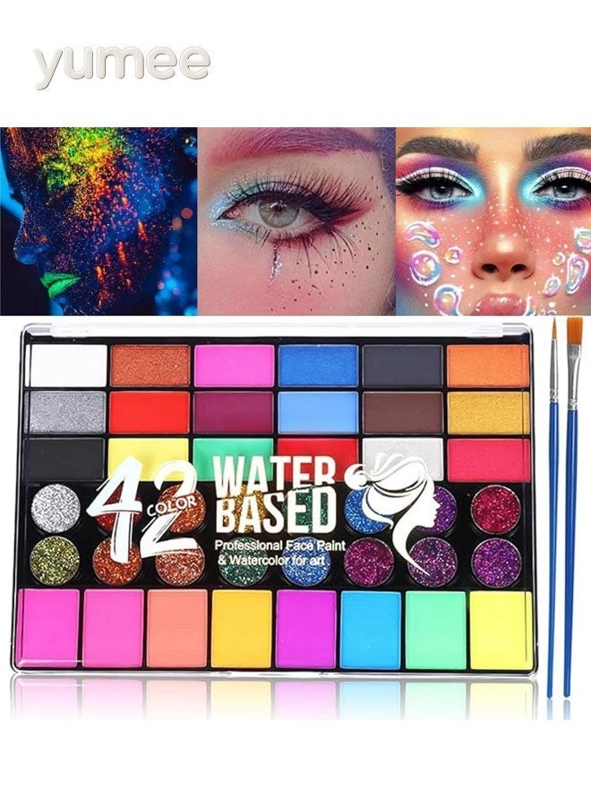 yumee Face Painting Kit for Kids, 42 Colors Non-Toxic Water Activated Makeup Palette + Neon Glow in the Dark + Easy Wash Off, Ideal for Halloween, Birthday Parties, Cosplay, Festivals - Image 1